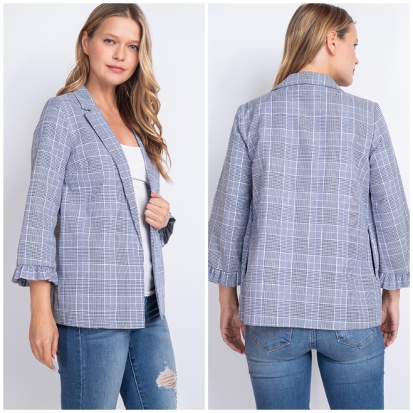 POTTER'S POT Blue Plaid Open 3/4 Sleeves Blazer - Picture 5 of 6